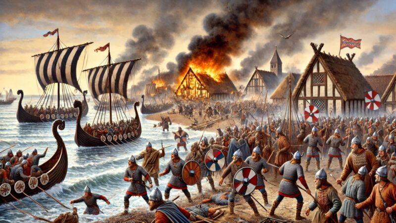 A Dramatic Medieval Scene Of Viking Longships Arriving At A Coastal Village In East Anglia With Warriors Disembarking In Chaos. Smoke Rises From Burn, eXplore Bury St Edmunds!