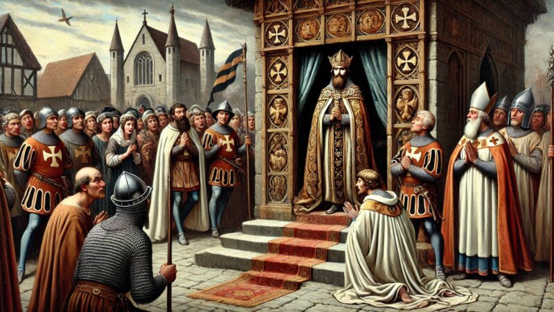 A Medieval Scene Of A Nobleman In Luxurious Robes Surrounded By Guards Demanding The Opening Of Saint Eadmunds Shrine. The Moment Is Tense With Vi, eXplore Bury St Edmunds!