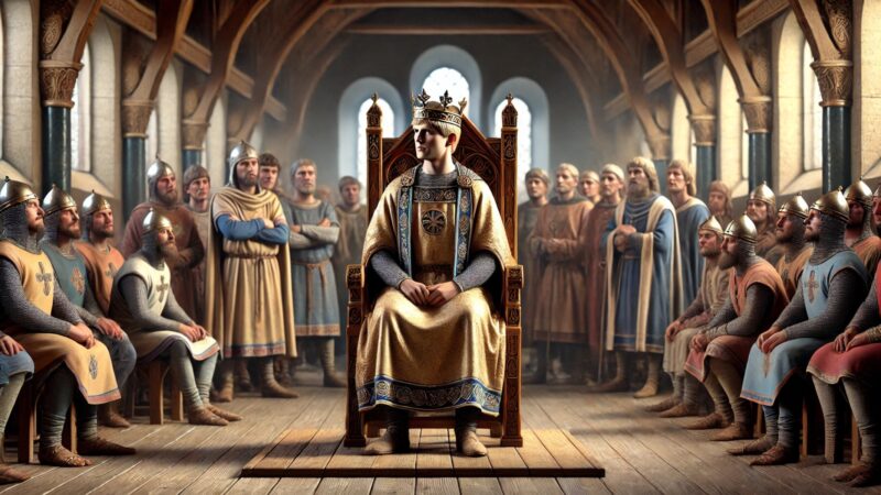 A Regal Anglo Saxon King Seated On A Wooden Throne Within A Simple But Grand Hall Surrounded By Loyal Subjects. The King Is Depicted As Youthful Wis, eXplore Bury St Edmunds!