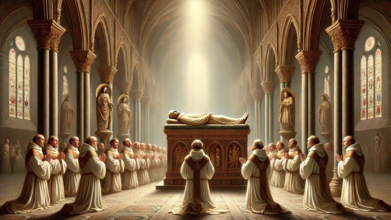 A Serene Depiction Of Saint Eadmunds Incorrupt Body Lying In State Within A Grand Medieval Shrine. Monks And Priests Kneel In Prayer While A Faint , eXplore Bury St Edmunds!