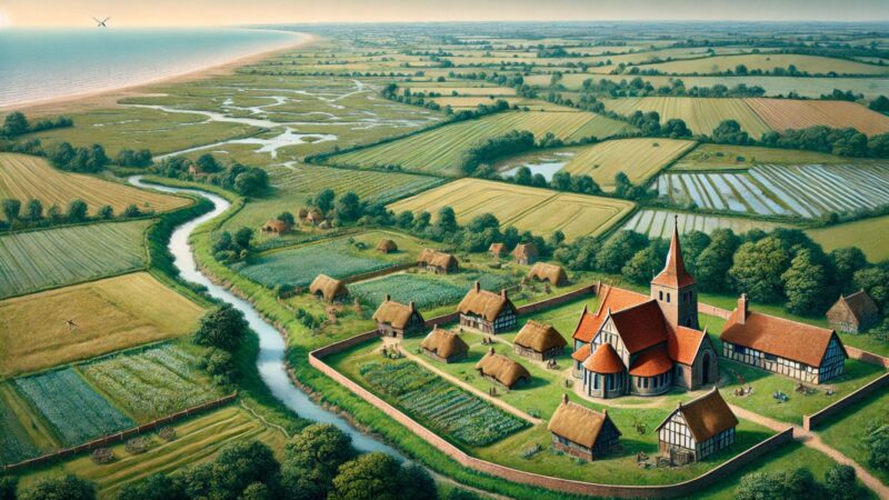 A Sprawling Medieval Landscape Depicting East Anglia With Rolling Fields A Fortified Ditch Marshlands And A Distant Coastline. A Peaceful Anglo Sax, eXplore Bury St Edmunds!