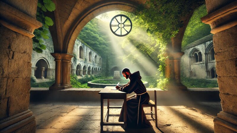 A Tranquil Scene Of An Ancient Monastery Surrounded By Lush Greenery With A Serene Monk In Deacons Robes Seated At A Wooden Desk Writing Under Soft, eXplore Bury St Edmunds!